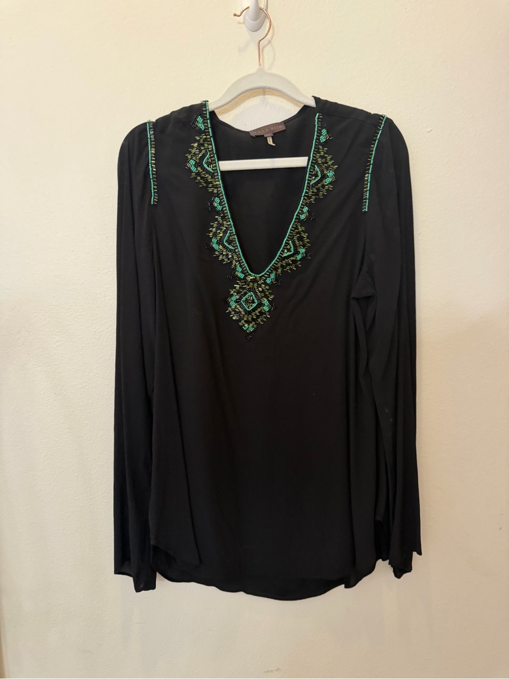 Hale Bob Black V-Neck Blouse with Green Embroidery